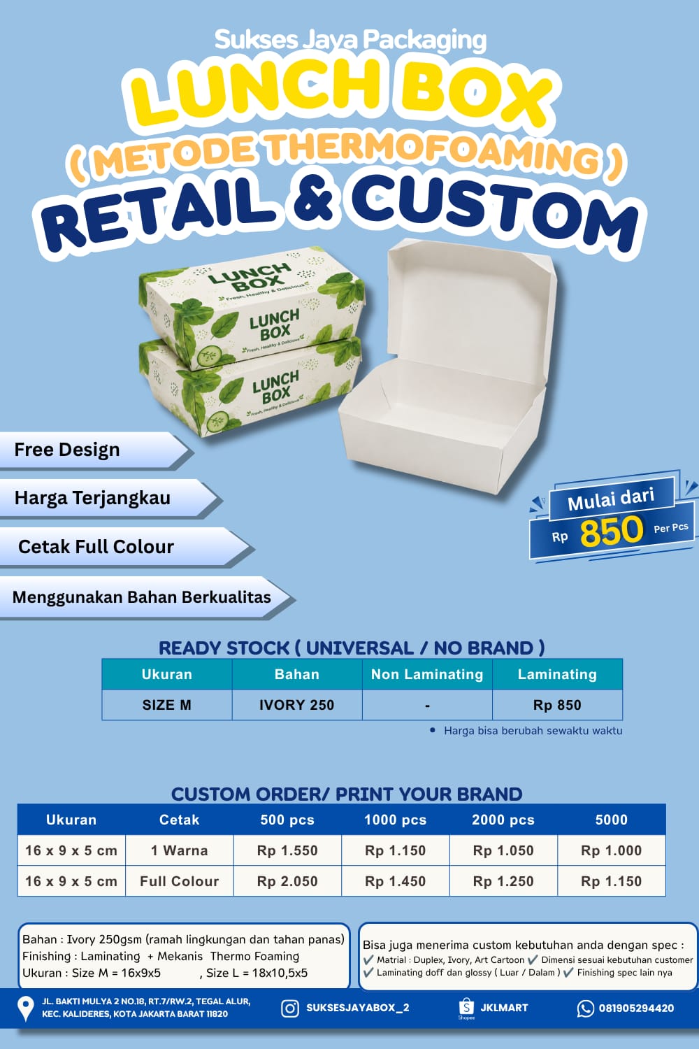 500pcs Custom & Polos Lunchbox Thermofoaming Size M Uk. 16x9x5cm ( Opsi : Jenis / Cetak ) - Gambar 2